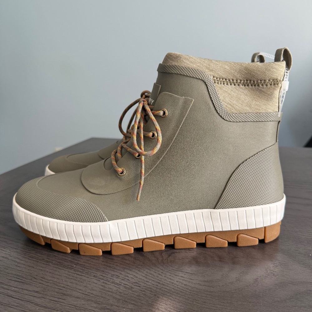 Sperry Olive Ankle Boots with White and Tan Accents